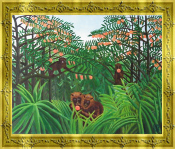 ルソー-熱帯風景、オレンジの森の猿たち